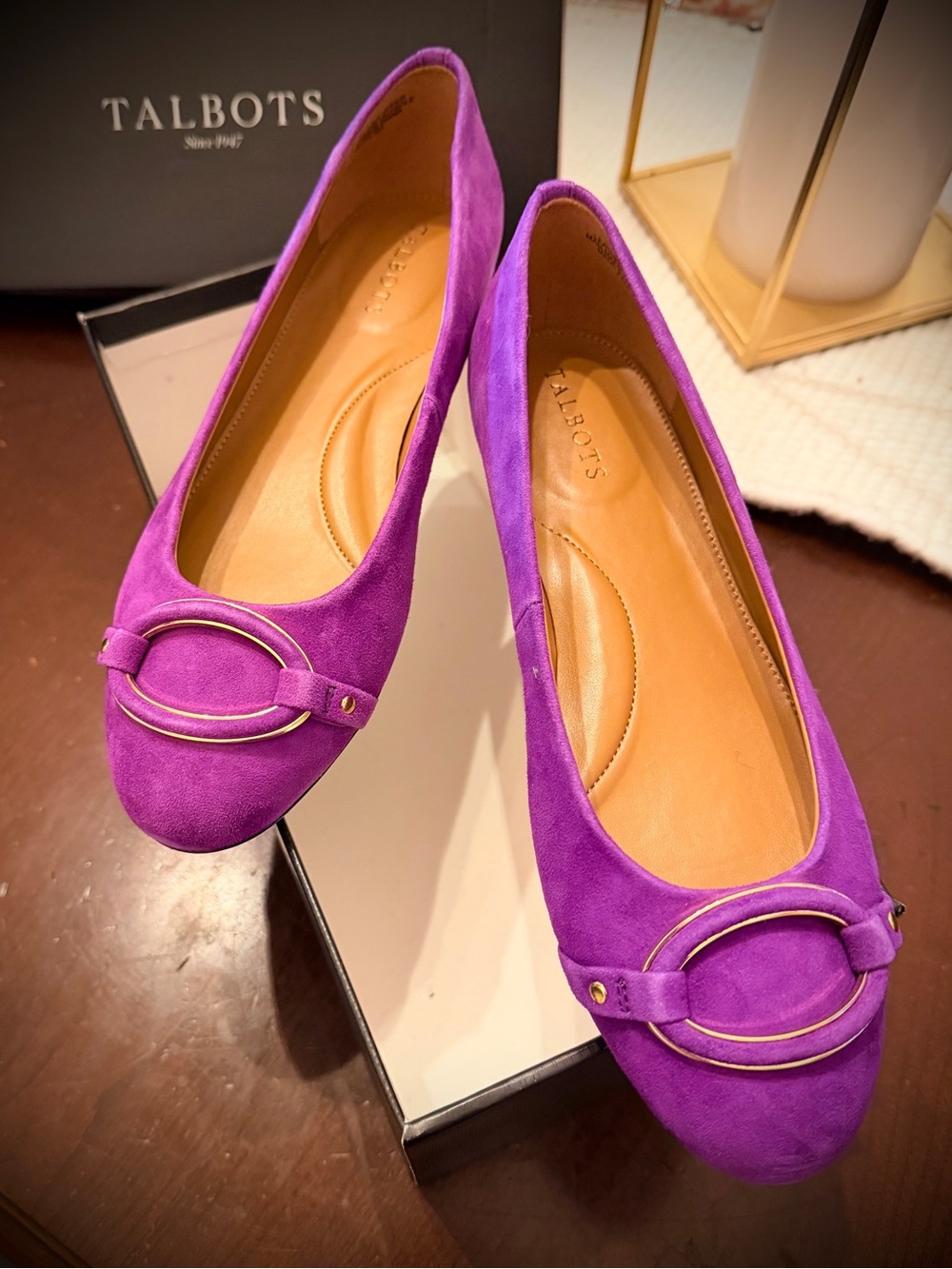 Talbots Violet Suede Ballet Flats with Gold Ring